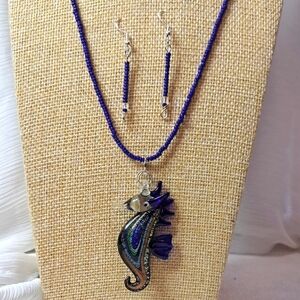 Hand Crafted Glass Foil Seahorse Pendant Beaded Chain Necklace